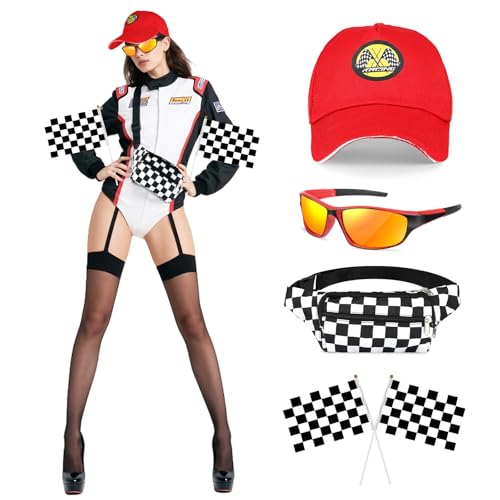 BTHRORO Rennfahrer Kostüm Damen, Racing Baseball Cap Sonnenbrille Karierte Flagge Bauchtasche Rennen Thema Dress up für Erwachsene Karneval Halloween Rollenspiele Cosplay von BTHRORO