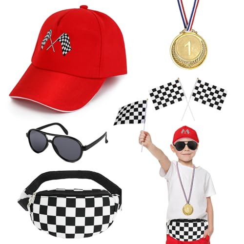 BTHRORO Rennfahrer Kostüm Zubehör für Kinder Racing Basecap Bauchtasche Sonnenbrille Mini Karierte Flagge Medaille Racer Verkleidung Faschingskostüme Jungen für Karneval Halloween Cosplay von BTHRORO
