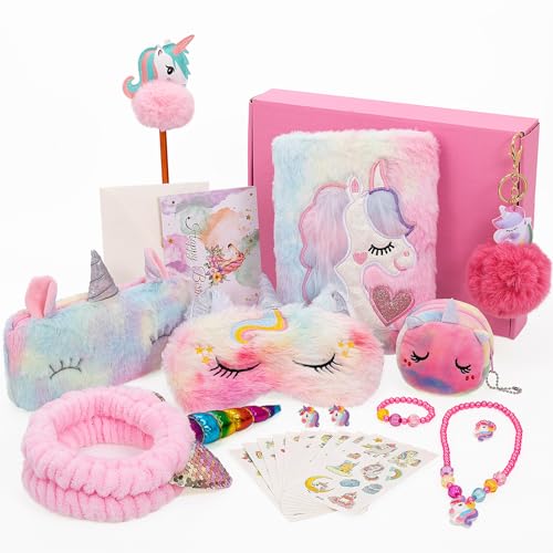 Einhorn Geschenke für Mädchen, Einhorn Plüsch Tagebuch Federmäppchen Augenmaske Einhorn Handtasche Schmuckset Aufkleber Plüsch Spielzeug Geburtstagsgeschenk für Kinder von BTHRORO