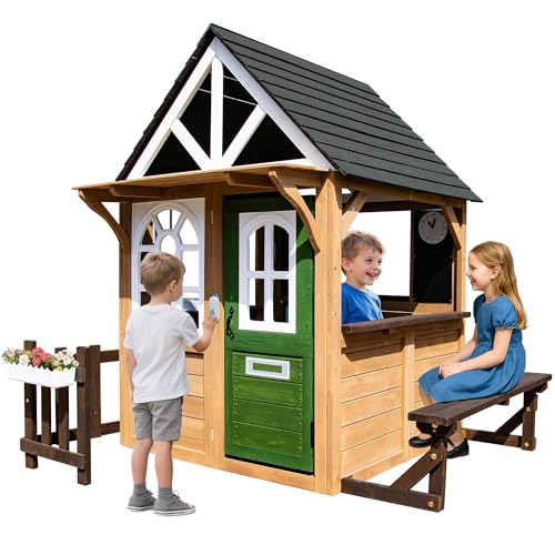 BTMWAY Kinder-Spielhaus aus Zedernholz, Spielhaus für Kinder im Alter von 3–8 Jahren, Küchentheke mit Utensilien, Spüle, interaktive Türklingel, Picknickbank, Blumentopfhalter von BTMWAY