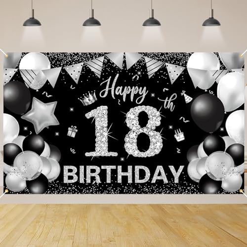 18 Geburtstag Party Dekoration,BTZO 18.Geburtstag Banner Schwarz Silver,Extra Große Stoff Hintergrund 18 Party Geburtstagsdeko Frau Mann von BTZO