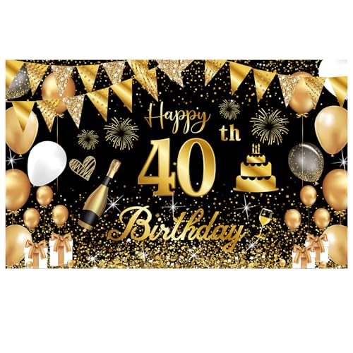 40.Geburtstag Banner Schwarz Gold,BTZO 40.Geburtstag Frauen,Deko 40 Geburtstag Mädchen,40 Geburtstag Hintergrund Banner für 40 Party Geburtstagsdeko von BTZO