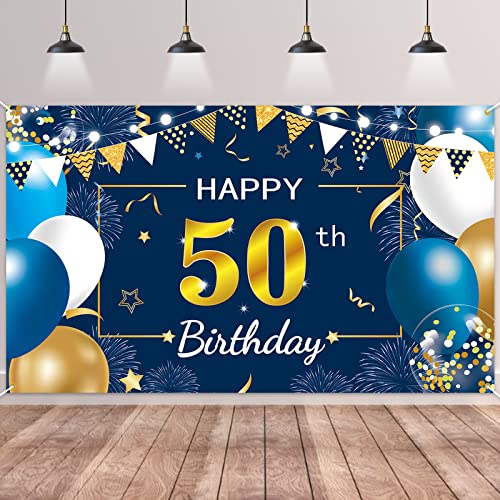 50.Geburtstag Banner Blau Gold,BTZO 50.Geburtstag Frauen,Deko 50 Geburtstag Mädchen,50 Geburtstag Hintergrund Banner für 50 Party Geburtstagsdeko von BTZO