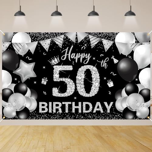 50.Geburtstag Banner Schwarz Silver,BTZO 50.Geburtstag Frauen,Deko 50 Geburtstag Mädchen,50 Geburtstag Hintergrund Banner für 50 Party Geburtstagsdeko von BTZO