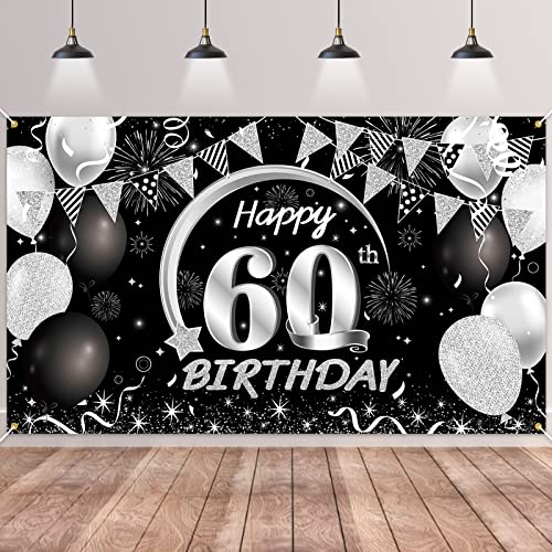 60.Geburtstag Banner Schwarz Silver,BTZO 60.Geburtstag Frauen,Deko 60 Geburtstag Mädchen,60 Geburtstag Hintergrund Banner für 60 Party Geburtstagsdeko von BTZO