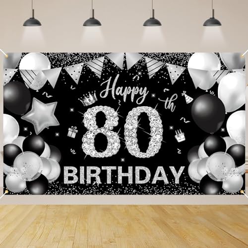80 Geburtstag Dekoration,BTZO 80 Geburtstag Banner Schwarz Silver,Extra Große 80 Geburtstag Hintergrund Banner,80 Party Geburtstagsdeko Frau Mann von BTZO