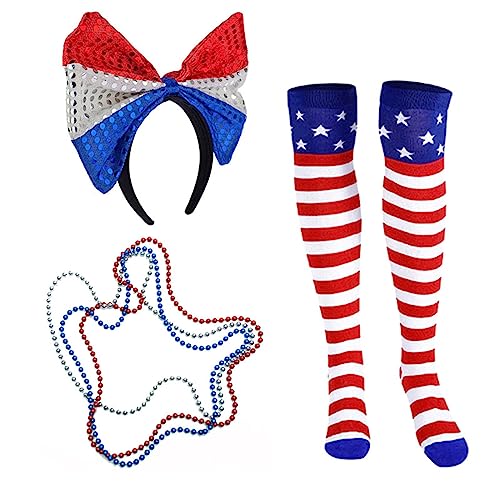 BUBEFSKD Independance Day Kostüm Onkel Accessoires Top Pailletten Stirnband Halsketten Strümpfe Für Frauen Und Männer Independance Day Stirnband Halskette Set Für Männer Frauen Mädchen Kostümzubehör von BUBEFSKD