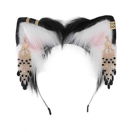 BUBEFSKD Ohrhaarhoop Für Frauen Mit Quasten Plüschhaarband Lolitastyle Cosplay Stirnband Party Kostüm Rollenspiel Spiel Kopfschmuck Niedliche Katze Ohrhaarband Cosplay Accessoire von BUBEFSKD