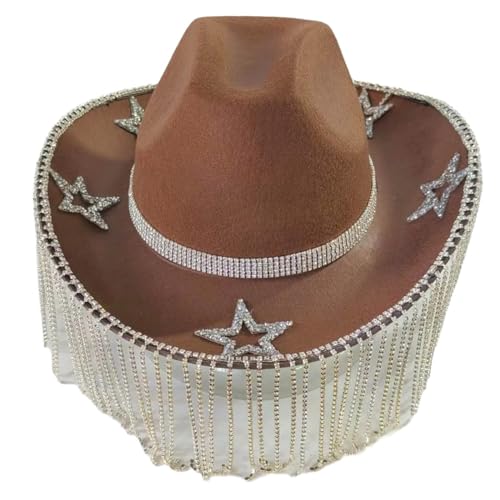 BUBEFSKD Strasssteine ​​Fransen Western Für Frauen Musikfestival Fedoras Großbrims Braut Rollenspiel Party Kopfbedeckung Party Kopfbedeckung Kopfstück von BUBEFSKD