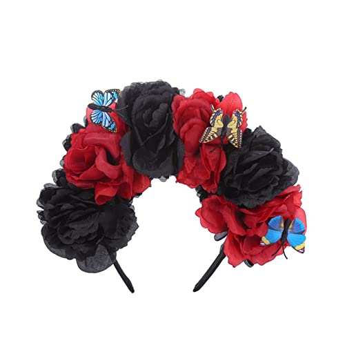 BUBEFSKD Tag Des Toten Stirnbands Mexikaner Blumenkrone Mit Schmetterlingen Halloween Haarzubehör Für Themenpartys Halloween Tag Der Toten Krone Gothics Stirnband Kopfstückhaarzubehör Kleid von BUBEFSKD