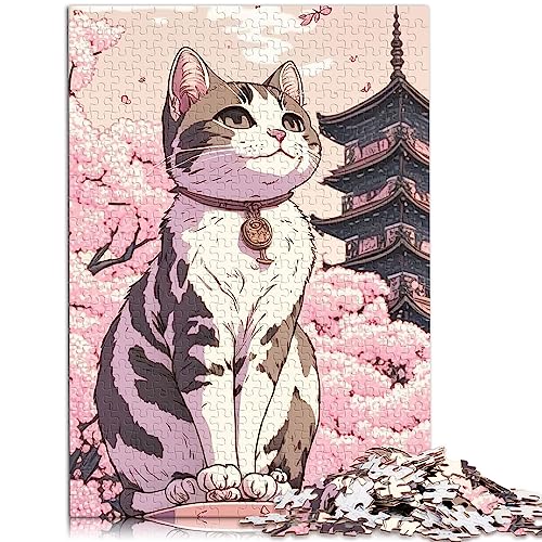 Katze Kirschblüte Japan 1000 Teile Puzzle Lernspiele Holzpuzzles für Familienspaß und Spieleabend 19,7 x 29,5 Zoll von BUBELS