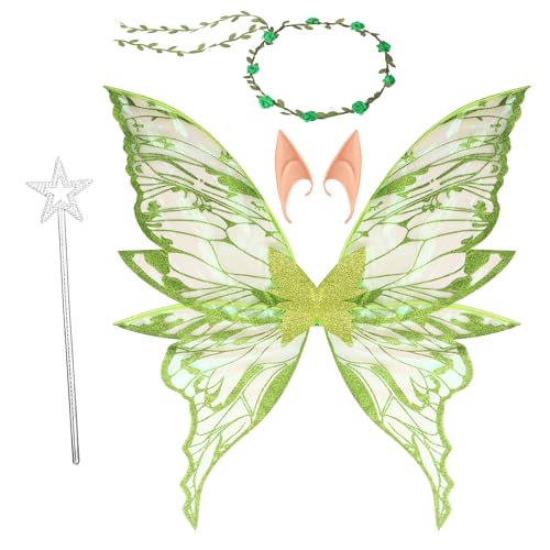 BUCOMTU Feenflügel Kostüm Schmetterlingsflügel Feen Kostüm Damen mit Elfenöhren,Fee Stirnband und Sterne Feenstäbe für Fasching oder Feen-Mottopartys Halloween Weihnachten Rollenspiele (Grün) von BUCOMTU