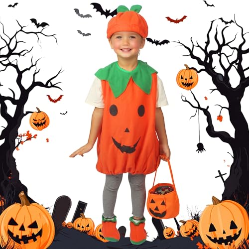 Halloween Kostüm Kinder, Kürbis Kostüm Kinder mit Hut, Kürbistasche und Schuhüberziehern für Halloween, Faschingsparty Rollenspiel für 3-7 Jährige Halloween Kostüm Kinder, Kürbis Kostüm Kinder mit Hut, Kürbistasche und Schuhüberziehern für Halloween, Faschingsparty Rollenspiel für 3-7 Jährige von BUCOMTU