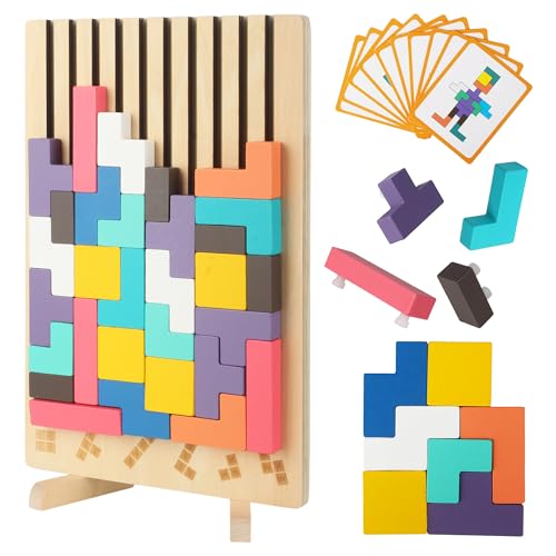 Holzpuzzle Tetris, 3D tetris holzspiel, Montessori-Spiele 3 4 5 6 Jahre, Lernspielzeug, Holz Stapelspiel Tetris, Intelligenz Jigsaw, Bunte Puzzleblöcke Holz Tetris Montessori Bunt Geschenk für Kinder von BUCOMTU