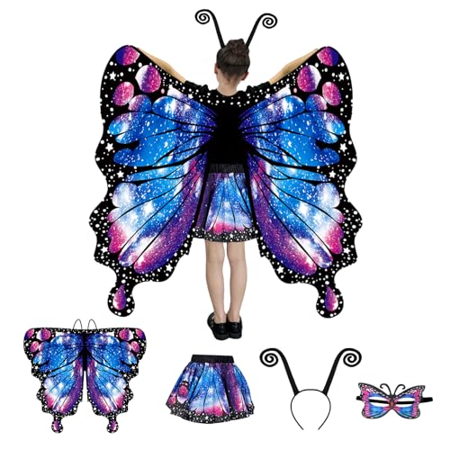 BUERPINKING Schmetterlingsflügel Kinder Umhang mit Rock, Schmetterling Kostüm Kinder mit Maske, Fee Schmetterlingsflügel mit Tentakeln für Halloween Party Dress Up (Polka Dot Purple) von BUERPINKING