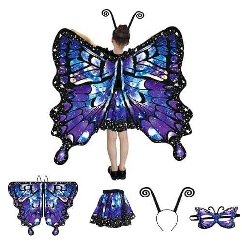 BUERPINKING Schmetterlingsflügel Kinder Umhang mit Rock, Schmetterlingskostüm Kinder mit Maske, Fee Schmetterlingsflügel mit Tentakeln für Halloween Party Dress Up (Lila Sternenhimmel) von BUERPINKING