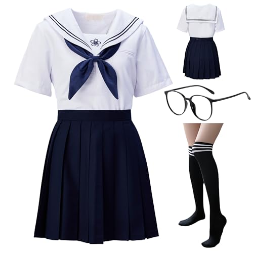 BUITVOZE Japanisches Schulmädchen, Matrosenkleid, Uniform, Anime-Cosplay-Kostüme, Uniform mit Socken, Brillenrahmen-Set, klassisches Weiß, Cosplay-Fotografie, Outfit, JK, Sakura-Druck, kurzärmelig BUITVOZE Japanisches Schulmädchen, Matrosenkleid, Uniform, Anime-Cosplay-Kostüme, Uniform mit Socken, Brillenrahmen-Set, klassisches Weiß, Cosplay-Fotografie, Outfit, JK, Sakura-Druck, kurzärmelig von BUITVOZE