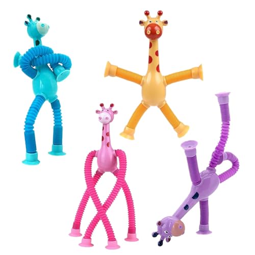 4 Stück Teleskop Giraffe Saugnapf Spielzeug, Telescopic Suction Cup Giraffe Toy, Giraffen Pop Röhren Spielzeug, Giraffen Spielzeug, Lustiges Pädagogisches Stressabbau-Spielzeug für Kinder Erwachsene von BUKCYUE