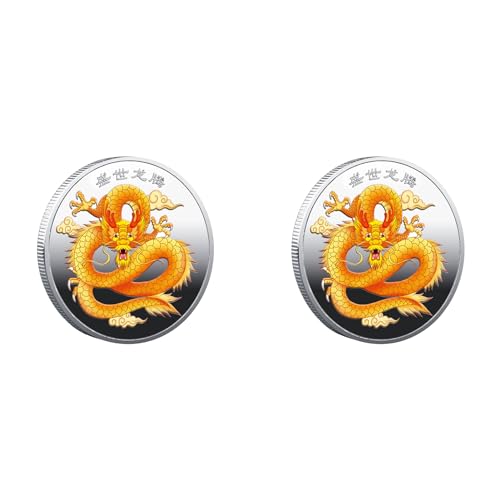 BUKISA Chinesische Drachen-Souvenirmünze, 2 Stück Longteng Shengshi-Gedenkmünze, Tierkreiszeichen-Drachen-Metallmünzen, Chinesische Mondneujahrs-Gedenkmünze des Drachen von BUKISA