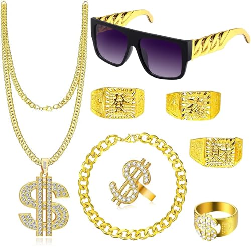 BUKYCAT 8 Stück Goldene Dollar Kette, Goldene Dollar Kette Set, Zuhälter Kostüm Set, Goldkette Rapper Kostüm mit Dollar Kette & Ringe, Hip Hop Kostüm Kit Herren,Rapper Zubehör,80er 90er Mottoparty BUKYCAT 8 Stück Goldene Dollar Kette, Goldene Dollar Kette Set, Zuhälter Kostüm Set, Goldkette Rapper Kostüm mit Dollar Kette & Ringe, Hip Hop Kostüm Kit Herren,Rapper Zubehör,80er 90er Mottoparty von BUKYCAT