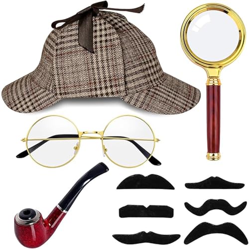 BUKYCAT Sherlock Holmes Kostüm Accessoires, Detektiv Kostüm Zubehör Set, Sherlock Holmes Zubehör, Detektiv Zubehör Mit Braunem Detektiv Hut Lupenbrille Brille Fake Schnurrbart Für Dress up Party BUKYCAT Sherlock Holmes Kostüm Accessoires, Detektiv Kostüm Zubehör Set, Sherlock Holmes Zubehör, Detektiv Zubehör Mit Braunem Detektiv Hut Lupenbrille Brille Fake Schnurrbart Für Dress up Party von BUKYCAT