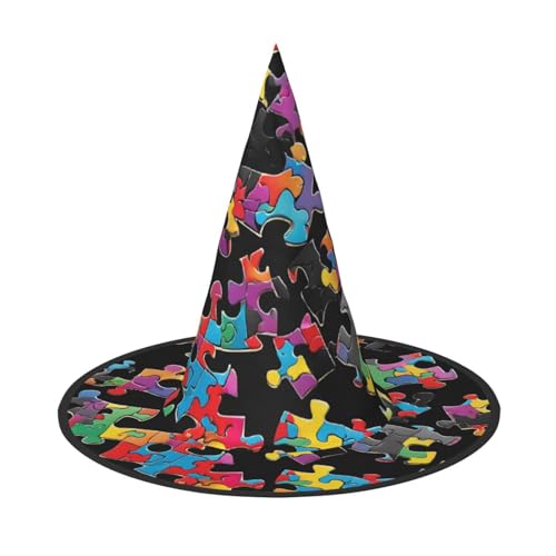 BULQAPZDF Autismus Bewusstsein Puzzleteile Herz Halloween Hexerhut Halloween Hexer Party Kostüm Zubehör von BULQAPZDF