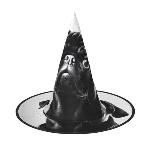 BULQAPZDF Niedlicher schwarzer Mops-Hund, Halloween-Hexerhut, Halloween-Hexer-Party, Kostümzubehör von BULQAPZDF