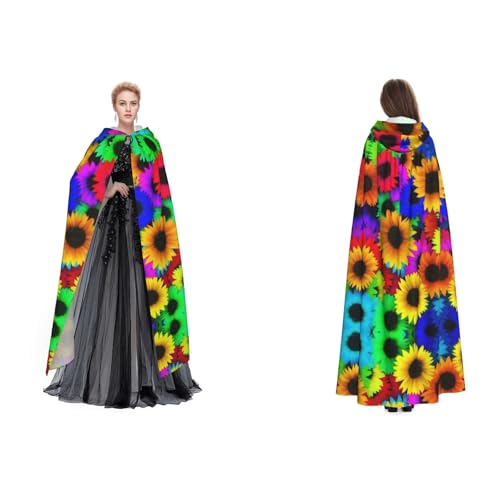BULQAPZDF Regenbogen-Sonnenblumen-Umhang mit Kapuze, Samt-Umhang für Erwachsene, Herren und Damen, Hexe, Vampir, Teufelskostüm, Cosplay und Verkleidung von BULQAPZDF