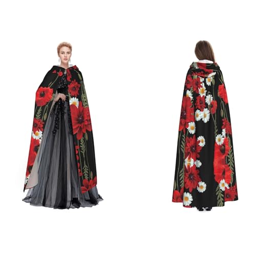 BULQAPZDF Rote Blume und weiße Gänseblümchen, volle Länge, Samt-Umhang mit Kapuze, für Erwachsene, Männer und Frauen, Hexe, Vampir, Teufelskostüm, Cosplay und Verkleidung von BULQAPZDF