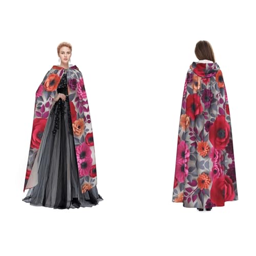 BULQAPZDF Samt-Umhang mit Kapuze, Rot / Rosa, Blumenmuster, für Erwachsene, Herren und Damen, Hexe, Vampir, Teufelskostüm, Cosplay und Verkleidung von BULQAPZDF
