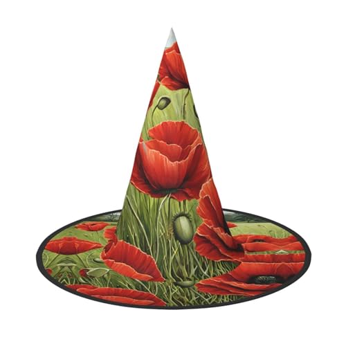 BULQAPZDF Schöner roter Mohnblumen-Halloween-Hexerhut, Halloween-Hexer-Party, Kostümzubehör von BULQAPZDF
