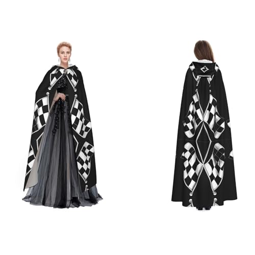 BULQAPZDF Schwarz-weißes Formel, karierte Flaggenmuster, volle Länge, mit Kapuze, Samt-Umhang für Erwachsene, Männer und Frauen, Hexe, Vampir, Teufelskostüm, Cosplay und Verkleidung von BULQAPZDF