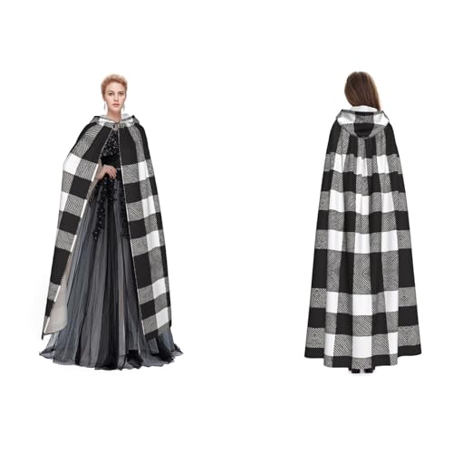 BULQAPZDF Schwarz-weißes kariertes Samt-Umhang mit Kapuze für Erwachsene Männer und Frauen – Hexe, Vampir, Teufelskostüm – Cosplay und Verkleidung von BULQAPZDF