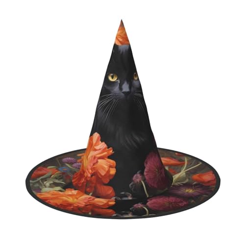 BULQAPZDF Schwarze Katze und Blume Halloween Hexerhut Halloween Hexer Party Kostüm Zubehör BULQAPZDF Schwarze Katze und Blume Halloween Hexerhut Halloween Hexer Party Kostüm Zubehör von BULQAPZDF