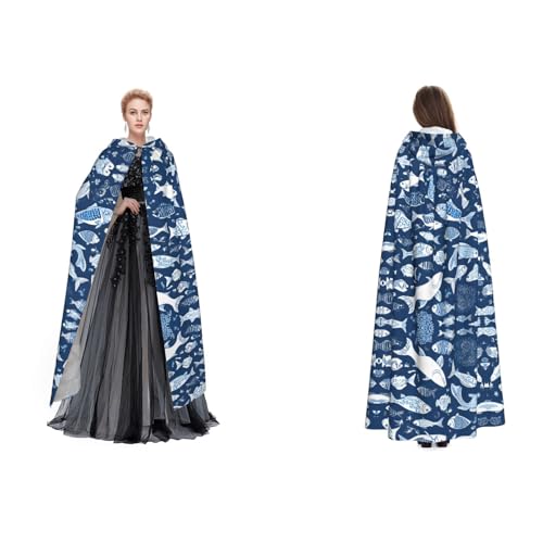 BULQAPZDF Süßer blauer Fisch-Umhang mit Kapuze, Samt-Umhang für Erwachsene, Herren und Damen, Hexe, Vampir, Teufelskostüm, Cosplay und Verkleidung von BULQAPZDF
