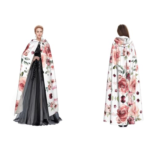 BULQAPZDF Umhang mit blühenden Rosenblüten und Kapuze, Samt, für Erwachsene, Herren und Damen, Hexe, Vampir, Teufelskostüm, Cosplay und Verkleidung von BULQAPZDF