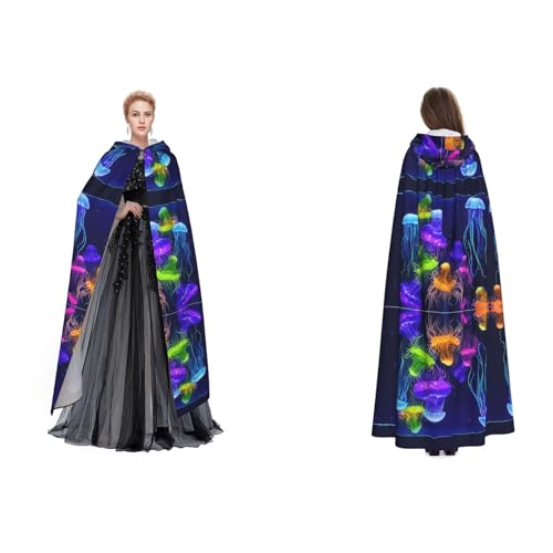 BULQAPZDF Umhang mit farbigen Quallen, Samt, mit Kapuze, für Erwachsene, Herren und Damen, Hexe, Vampir, Teufelskostüm, Cosplay und Verkleidung von BULQAPZDF