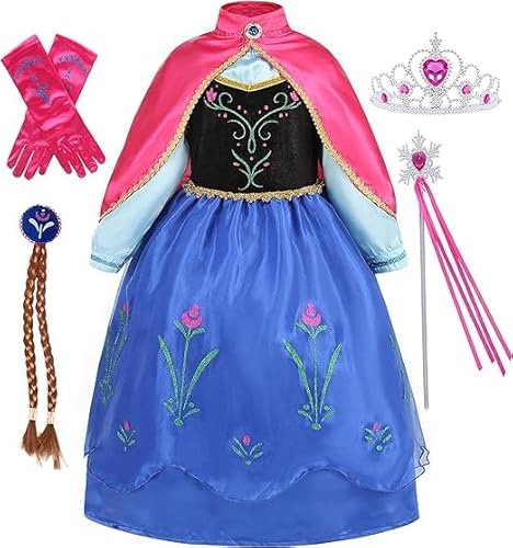 BUNAOWA Anna Prinzessin Kleid für Mädchen, Schneeparty, Cosplay, Halloween, Weihnachten, Geburtstag, Party Dress Up (5-6Y) von BUNAOWA