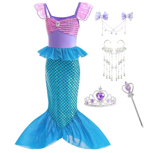 BUNAOWA Meerjungfrauenkostüm, Prinzessinnenkleid für Mädchen mit Zubehör, Party, Weihnachten, Halloween, Outfit (8–10 Jahre) von BUNAOWA