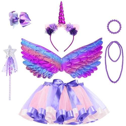 BUOAZR Einhorn Kostüm Prinzessin Set 7 Stück, Regenbogen Tutu Rock Mädchen Kostüm Tüllrock, Prinzessin Kostüm Mädchen Einhorn Haarreif Flügel für Unicorn Cosplay Geburtstag Party Karneval von BUOAZR