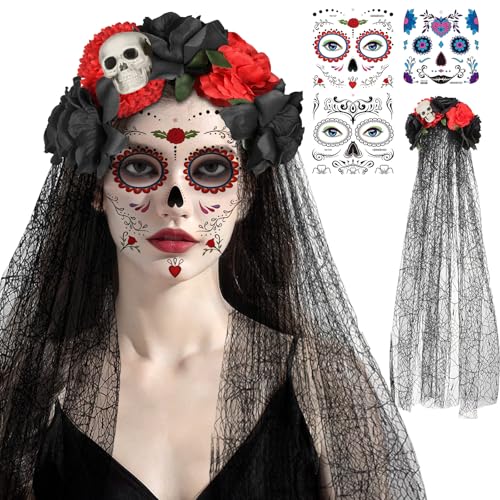 BUOAZR Halloween Tag der Toten Haarreif, Damen Tag der Toten Schleier mit 3 Pcs temporäre Gesicht Tattoo, Mexikanische Rose Stirnband, Halloween Kopfschmuck,für Halloween Party Cosplay Kostüm BUOAZR Halloween Tag der Toten Haarreif, Damen Tag der Toten Schleier mit 3 Pcs temporäre Gesicht Tattoo, Mexikanische Rose Stirnband, Halloween Kopfschmuck,für Halloween Party Cosplay Kostüm von BUOAZR