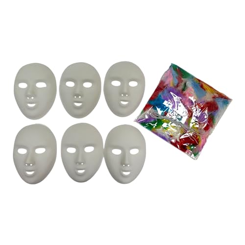 BUSDUGA 4392 6er Set Theatermasken zum bemalen und gestalten, 20x15cm, Masken zur individuellen Gestaltung, Kindergeburtstag Halloween Fasching (mit Federn) von BUSDUGA