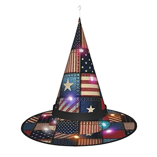 Hexenhut zum Aufhängen, mit amerikanischer Flagge, Patchwork, Halloween-Hexenhut, LED-beleuchteter Hexenhut mit 3 Beleuchtungsmodi, Innen- und Außenbereich, Garten, Terrasse, Party-Dekoration. von BUULOO