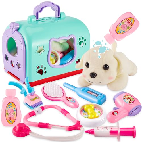 BUYGER 2 in 1 Tierarztkoffer, Tierarzt Spielset, Hundesalon Spielzeug, Arztkoffer Rollenspiel Geschenke für Kinder Junge Mädchen ab 3 4 5 Jahre, Grün von BUYGER