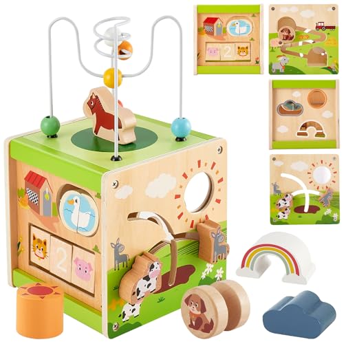 BUYGER Baby Motorikwürfel Motorikspielzeug, 6 in 1 Bauernhoftiere Montessori Aktivitätswürfel aus Holz, Perlen Labyrinth, Sortierung Anerkennung, Sensorisches Spielzeug Geschenk für Kinder von BUYGER