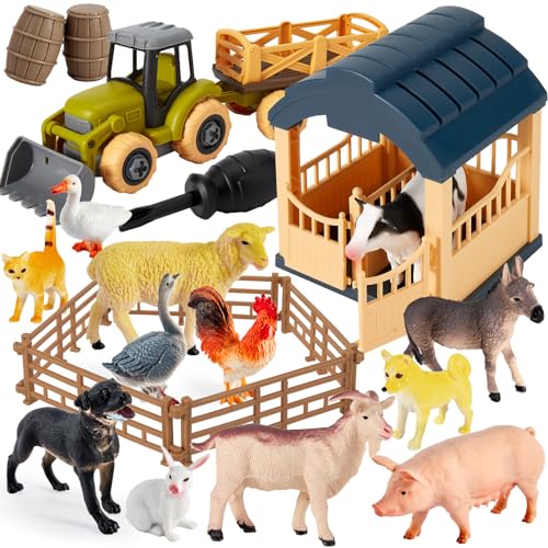 BUYGER Bauernhof Tiere Traktor Spielzeug ab 3 Jahre, Realistische Tierfiguren Set, Montage Traktor Anhänger, Scheune e Zäune, Lernspielzeug Geschenke für Kinder Jungen ab 4 5 + Jahre von BUYGER