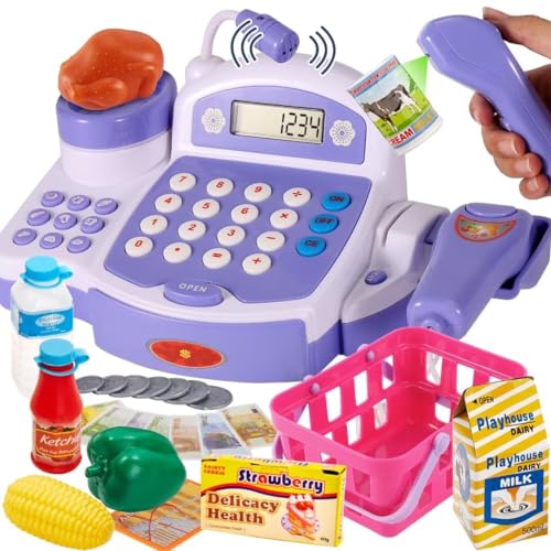 BUYGER Groß Elektronische Kasse Kaufladen Kinder, mit Scanner Waage Mikrofon, Spielkasse mit Litcht und Sound, Kasse Spielzeug für Kinder Mädchen ab 3 Jahre von BUYGER