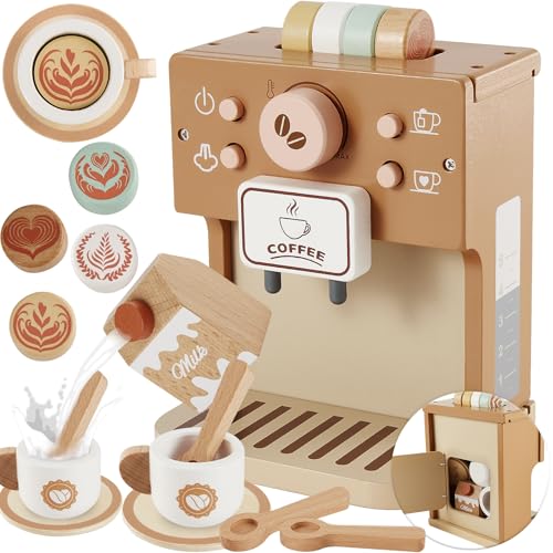 BUYGER Kinder Kaffeemaschine Kinderküche Zubehör Holz, Küchenspielzeug ab 3 + Jahre, Pädagogisches Spielzeug, Geburtstags Geschenke für Kinder Jungen Mädchen von BUYGER