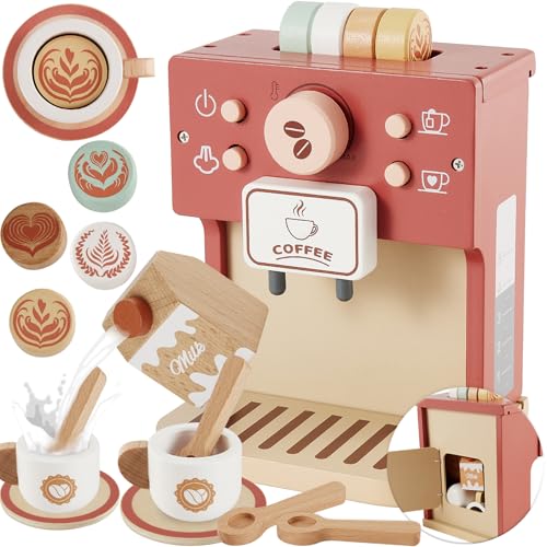 BUYGER Kinder Kaffeemaschine aus Holz, Spielküche Zubehör, Kaffeeservice Set, Holzspielzeug Rollenspiel Geschenk für Kinder Jungen Mädchen ab 3 4 5 + Jahre von BUYGER