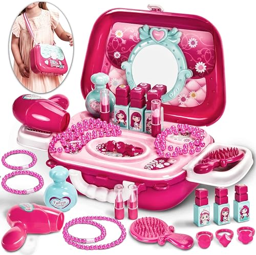 BUYGER Rollenspiel Spielzeug Mädchen Schminkset Kinderfön Schminkkoffer Friseur Set Geschenk für Kinder Prinzessin ab 3 Jahre von BUYGER